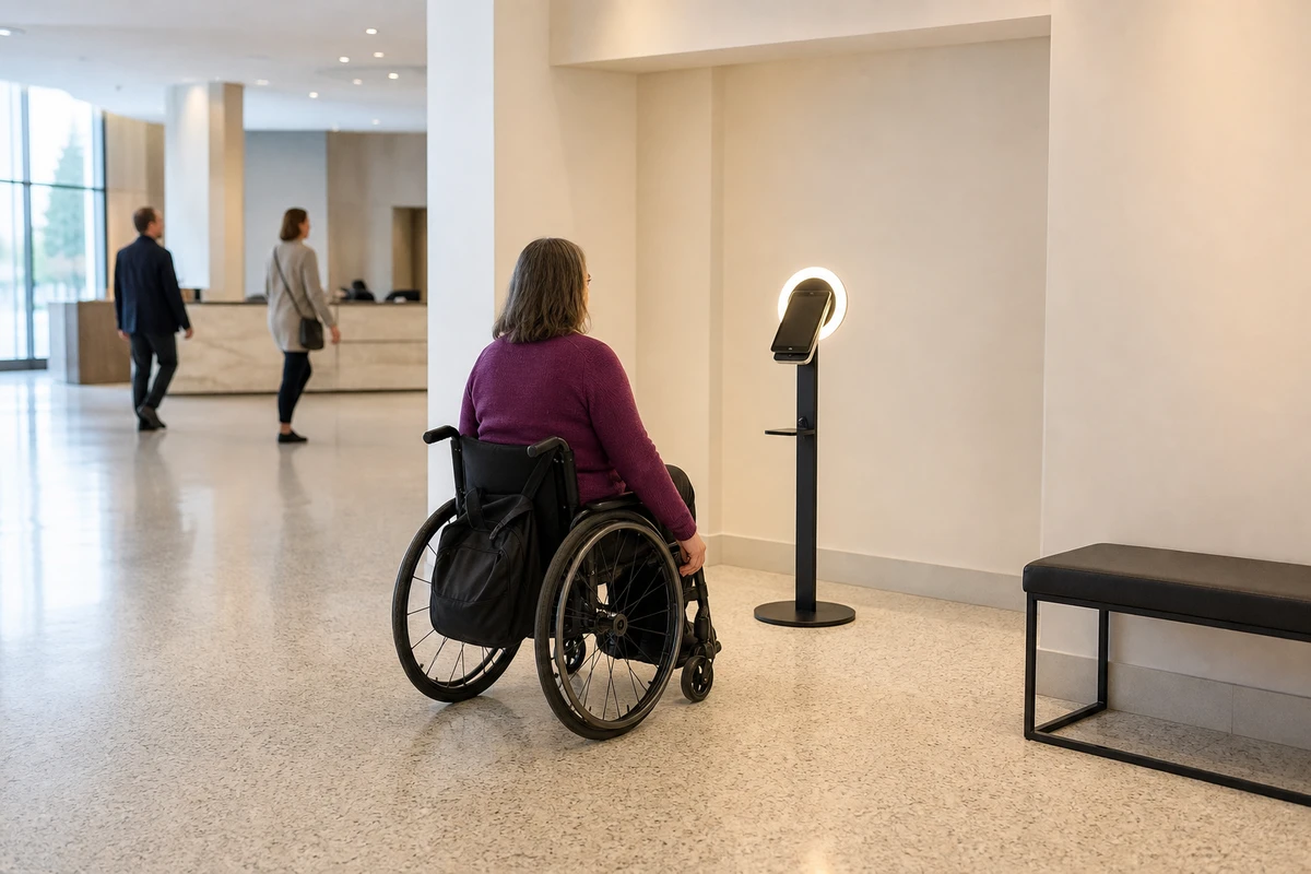 A compact tablet photo booth with an integrated ring light stands in a museum lobby alcove with generous clear floor space as a visitor using a wheelchair approaches it.