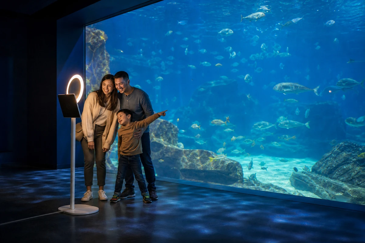 A family poses at a compact photo booth beside a large aquarium viewing tank, the deep blue water glowing behind them.