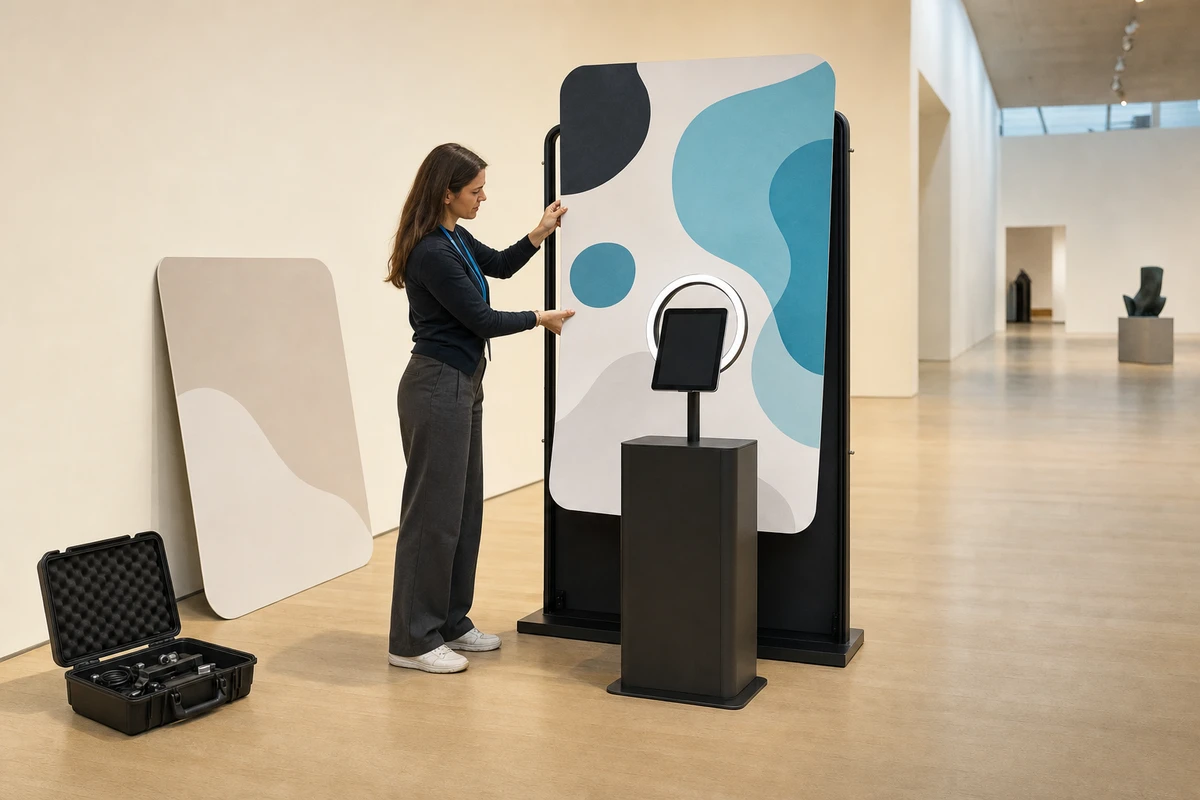 A museum staff member fits a fresh exhibition-themed backdrop panel onto a compact photo booth in an empty gallery before opening.