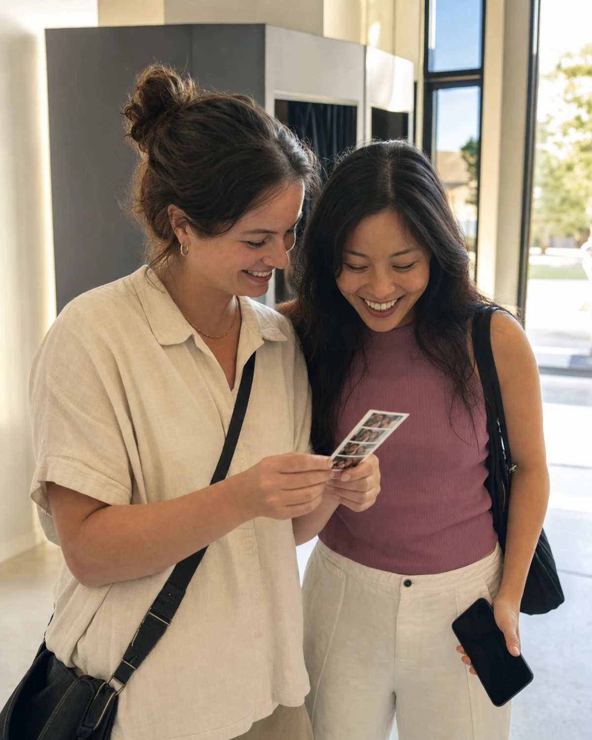 Two museum visitors stand near the exit looking happily at a freshly printed photo strip one of them holds.