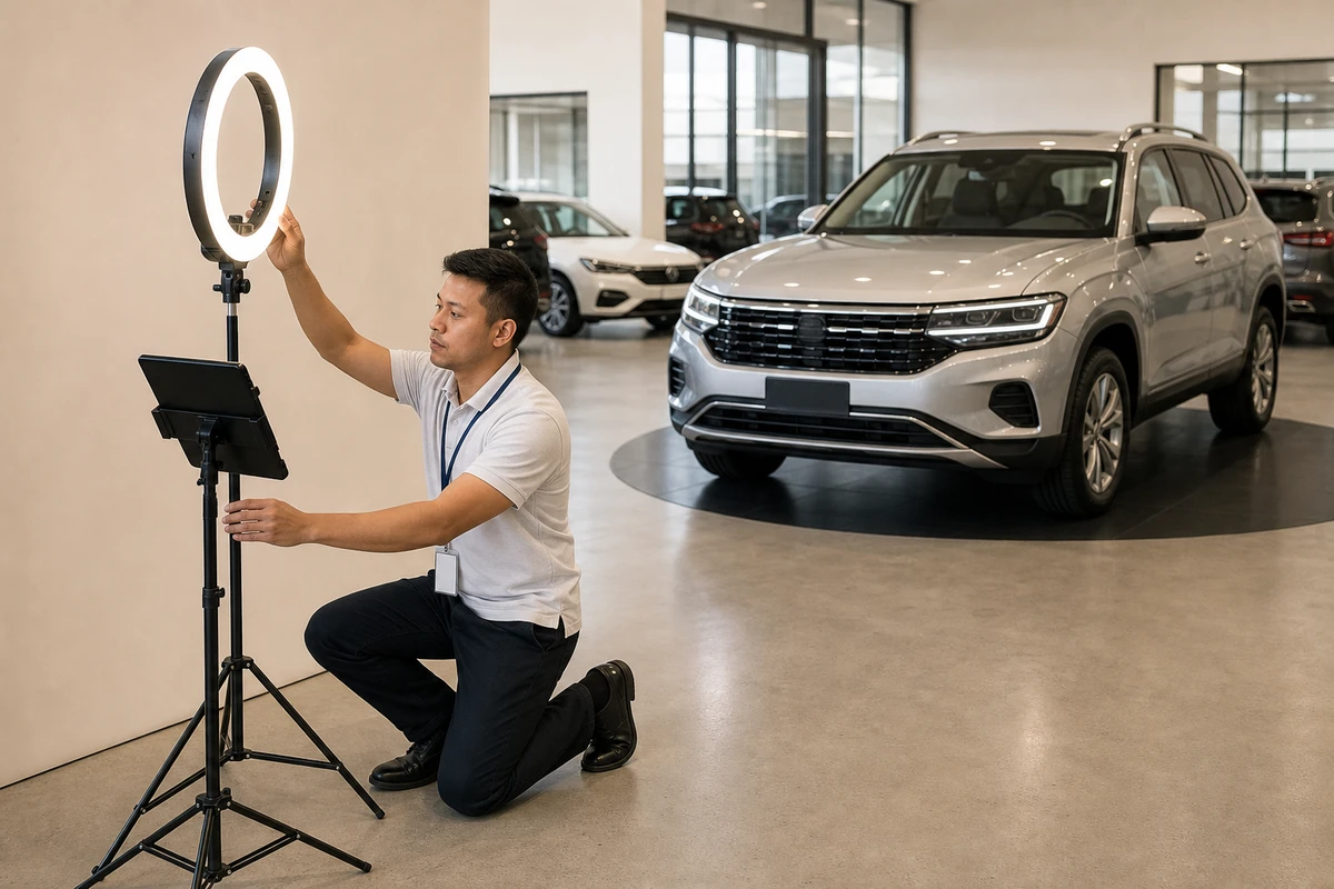 A dealership delivery coordinator kneels to adjust the ring light on the fixed delivery photo station before a customer handover.