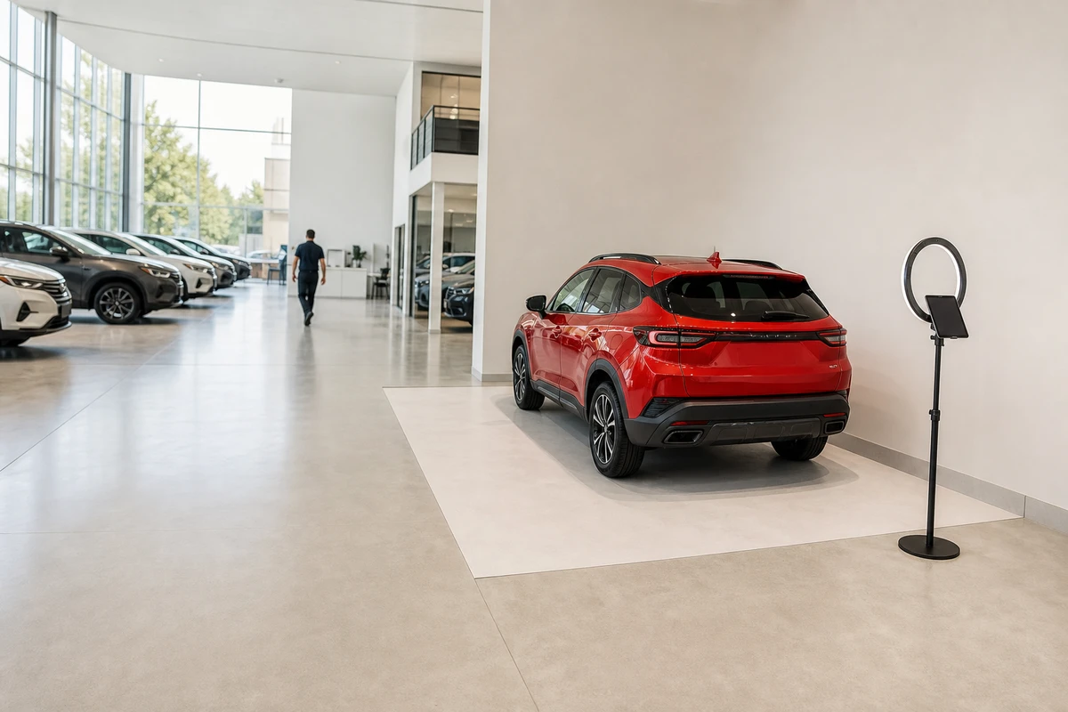 A fixed delivery photo station with an iPad and ring light set up in a clear corner of a car dealership showroom beside a new SUV.