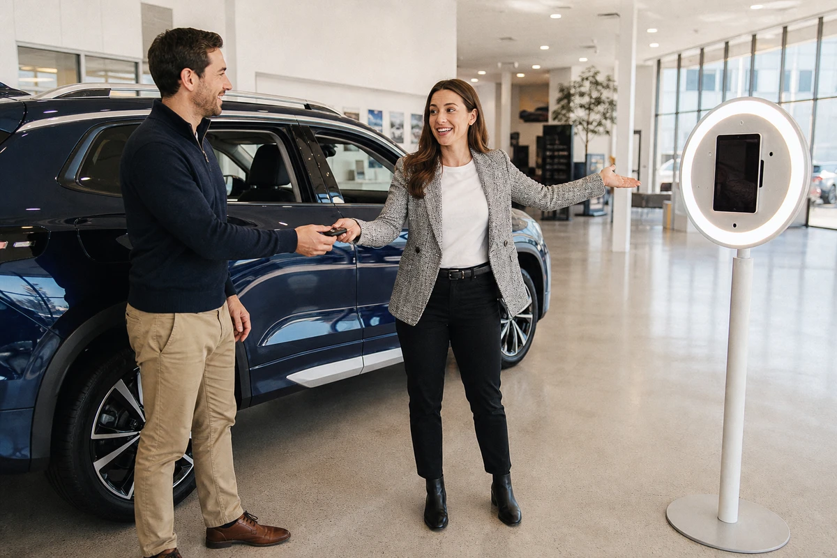 A salesperson hands a customer the keys to a new SUV and gestures toward the delivery photo station to make the in-the-moment ask.