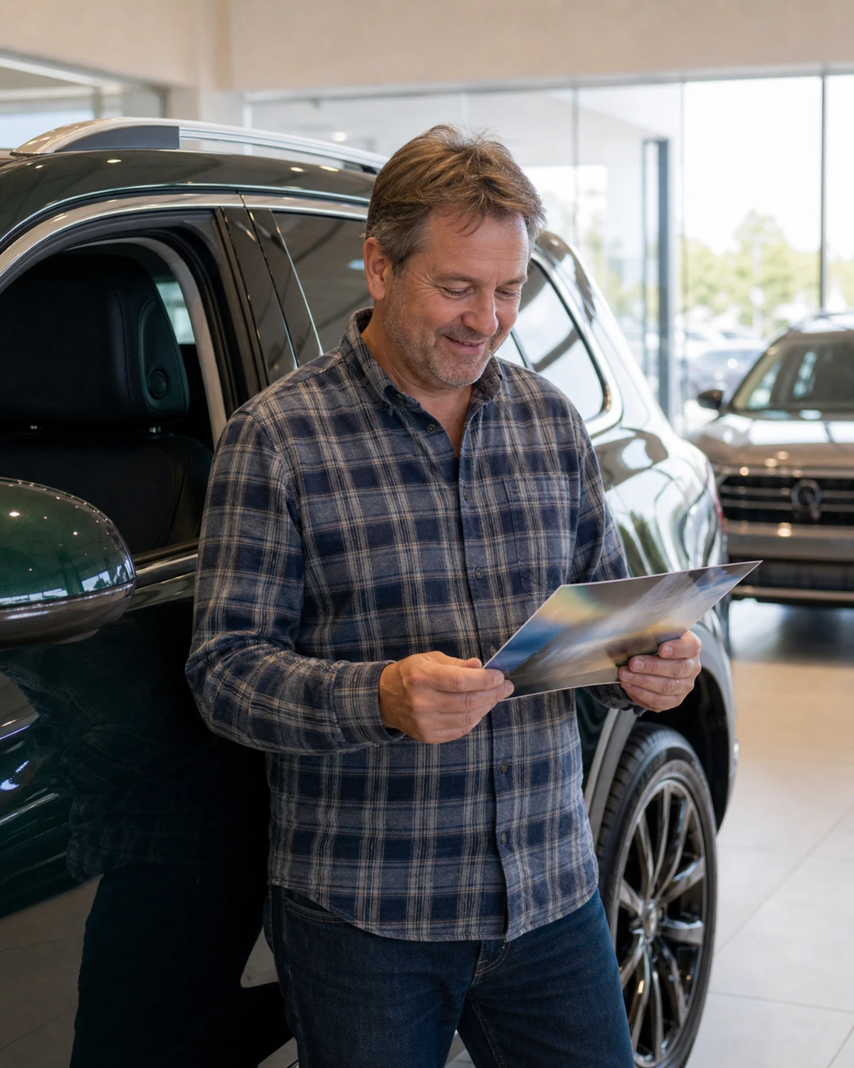 A new-car buyer stands beside his SUV in a dealership showroom, smiling as he looks at his freshly printed delivery photo.