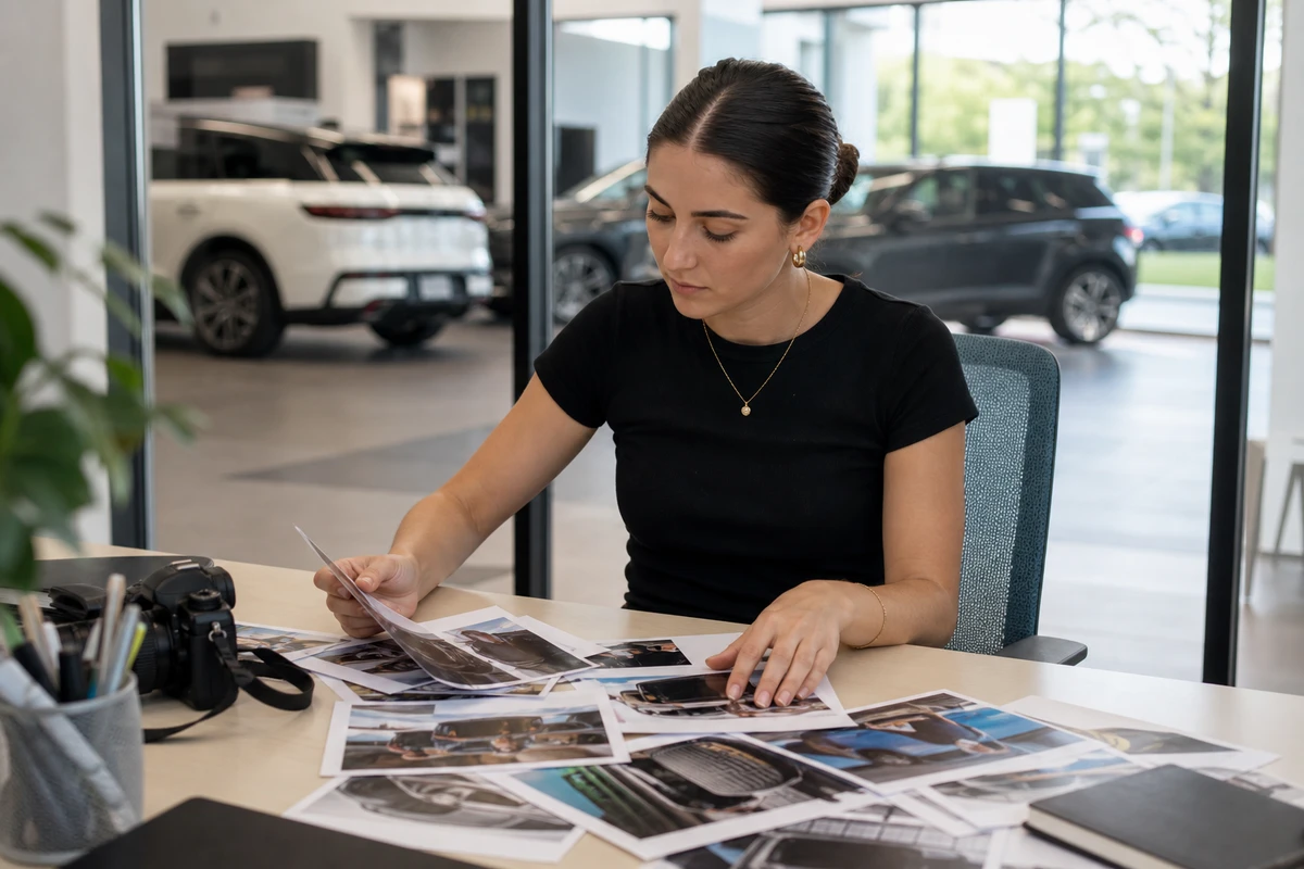 A dealership social media coordinator sorts printed delivery photos at an office desk, choosing which ones to post.