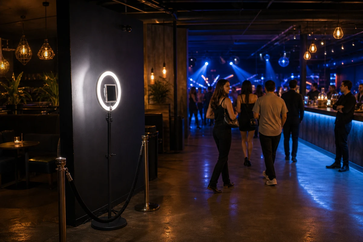 Wide view of a nightclub interior with a single iPad ring-light photo station standing in a lounge corner near the entrance, guests walking past on an open traffic path.