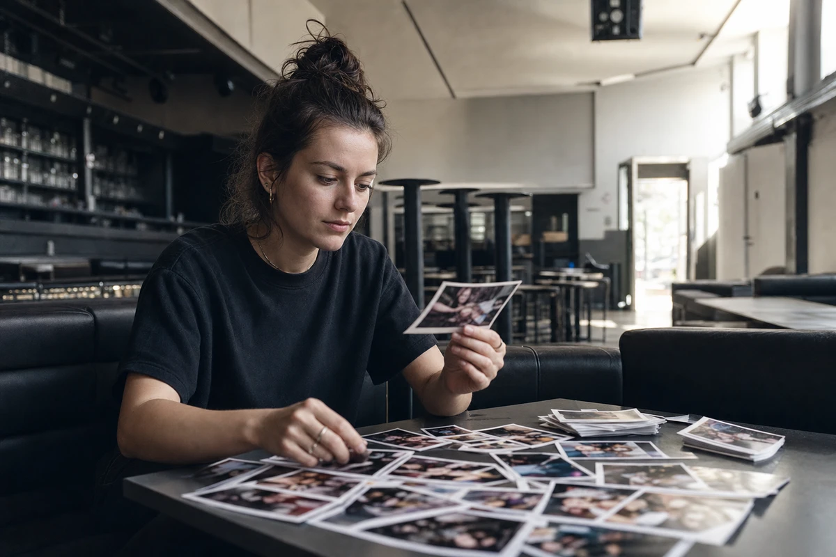 A social media coordinator sorting a spread of printed guest photos on a lounge table inside an empty nightclub in clean morning daylight.
