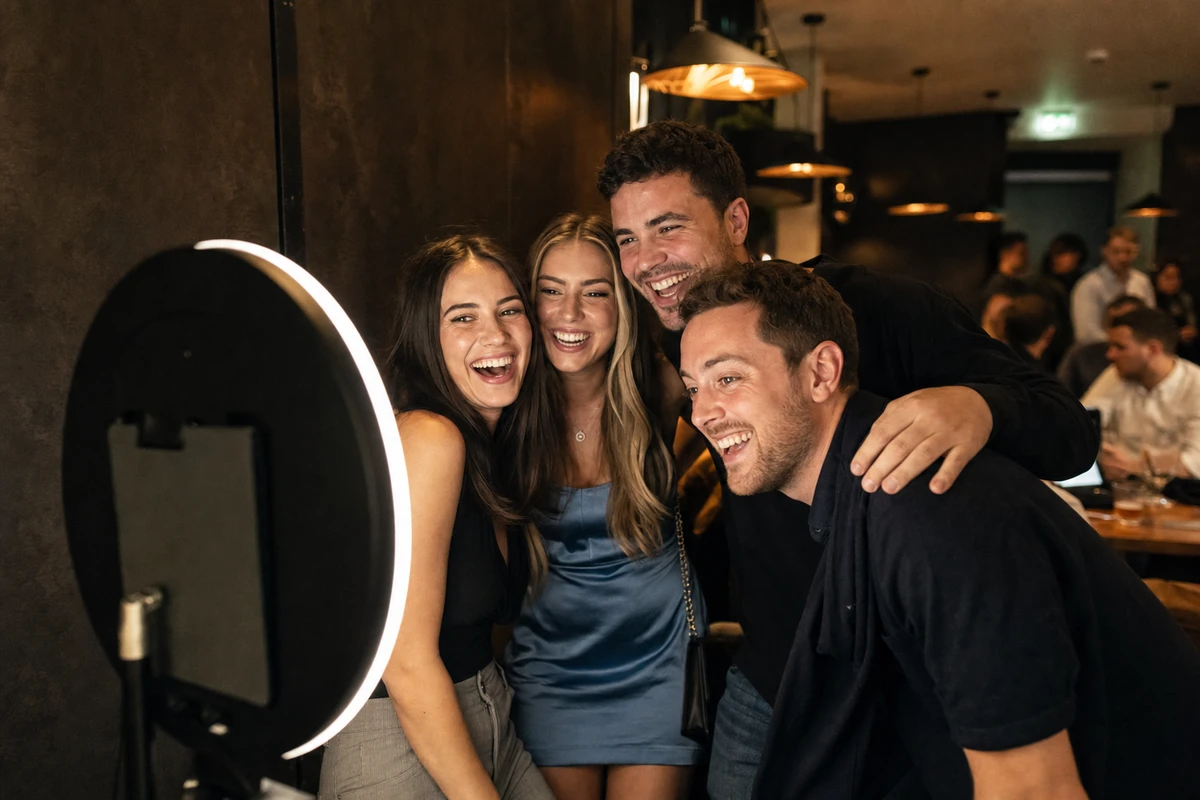 Four friends laughing together at an iPad photo booth on a ring-light stand in a bar's lounge corner on a weeknight.