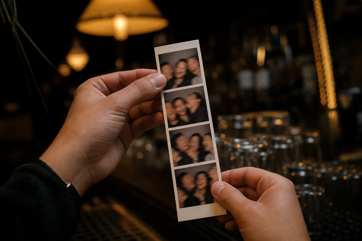A guest's hands holding a freshly printed photo strip in a warm-lit bar, the small images on the strip soft and unreadable.