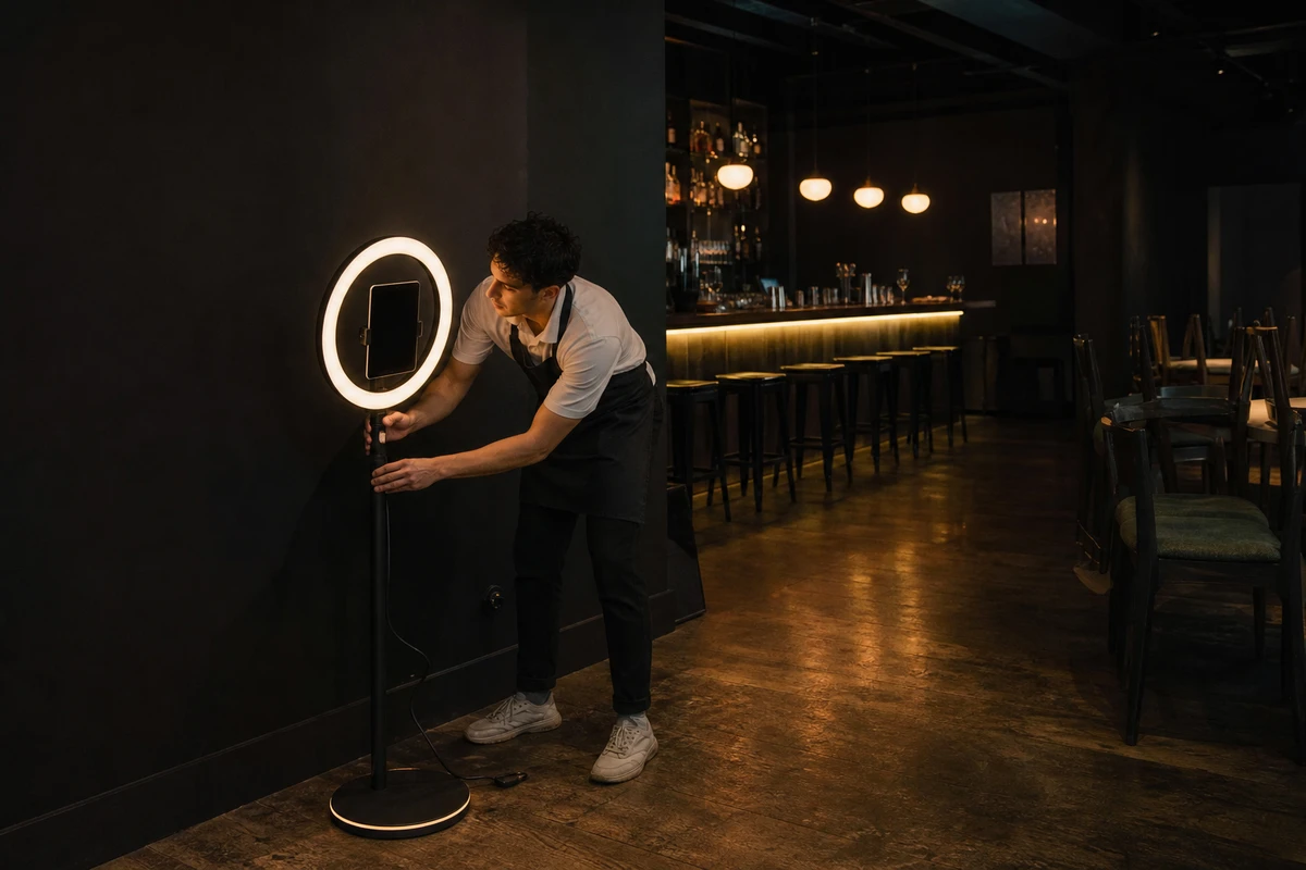 A venue host in a dark apron adjusting the ring light on a photo booth stand in a quiet bar before the event night begins.
