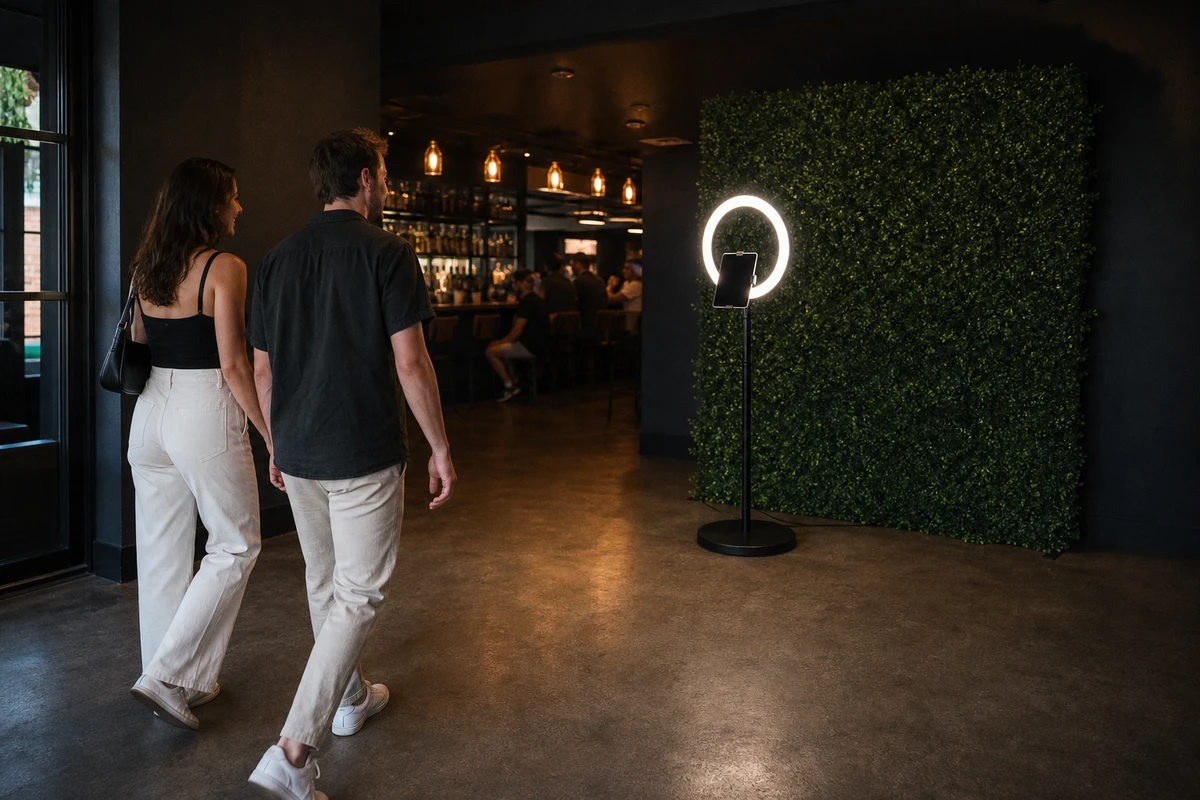 An iPad photo booth staged in front of a green foliage backdrop in a bar's lounge corner near the entrance, with clear open floor space around it and two guests approaching.