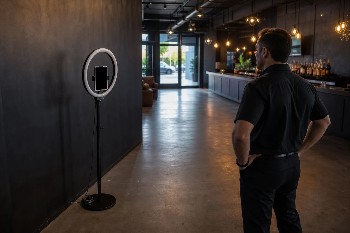 A venue manager assessing an open-air photo booth placed in a clear lounge corner of a bar before opening.