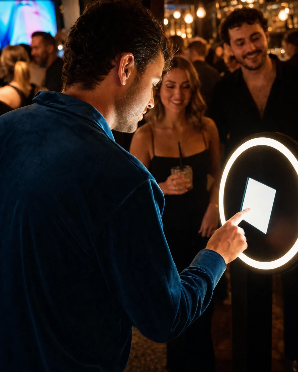 A bar guest tapping an open-air photo booth screen to send himself his photo after a session.