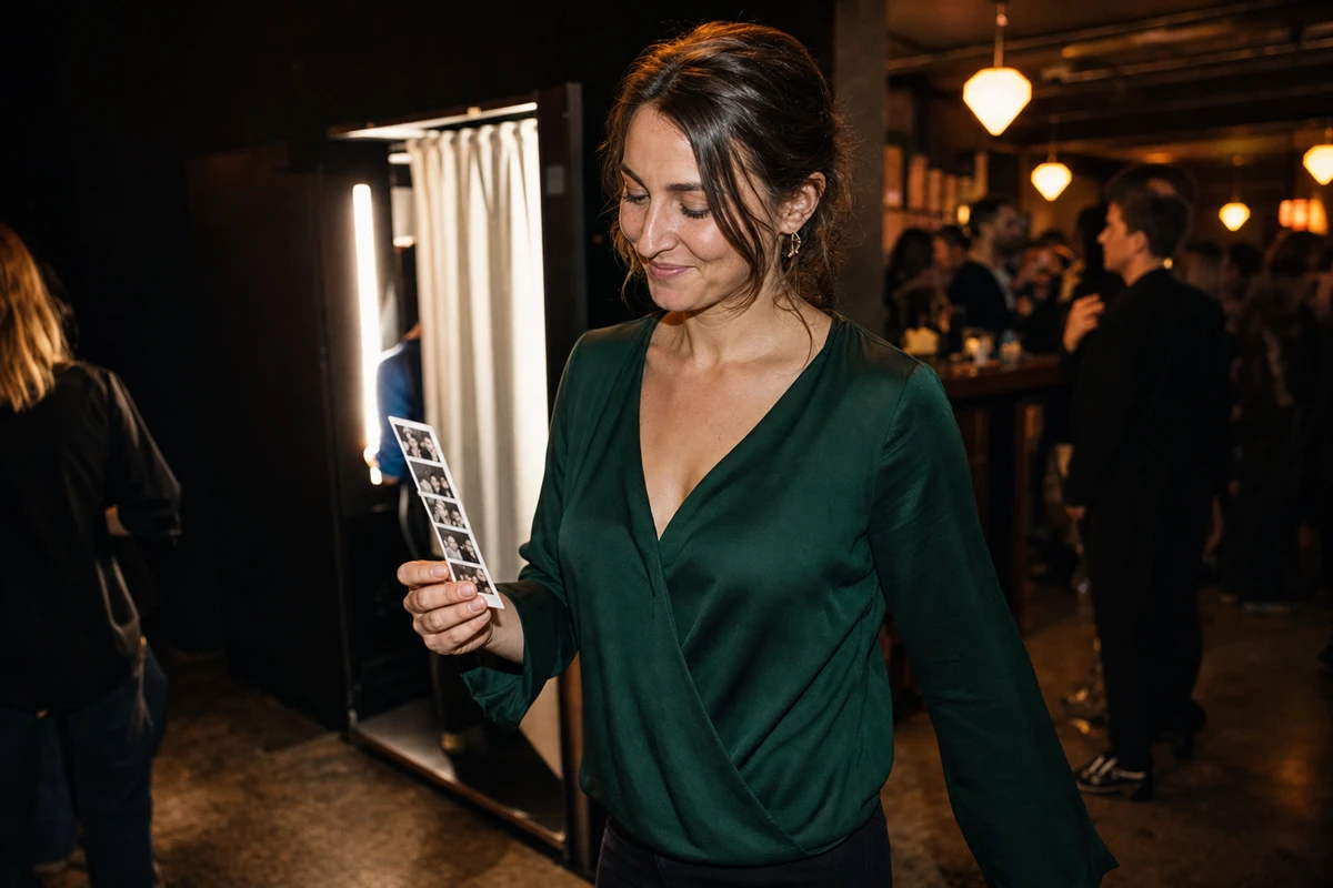 A bar guest walking back into the room holding a freshly printed photo strip from an open-air booth.
