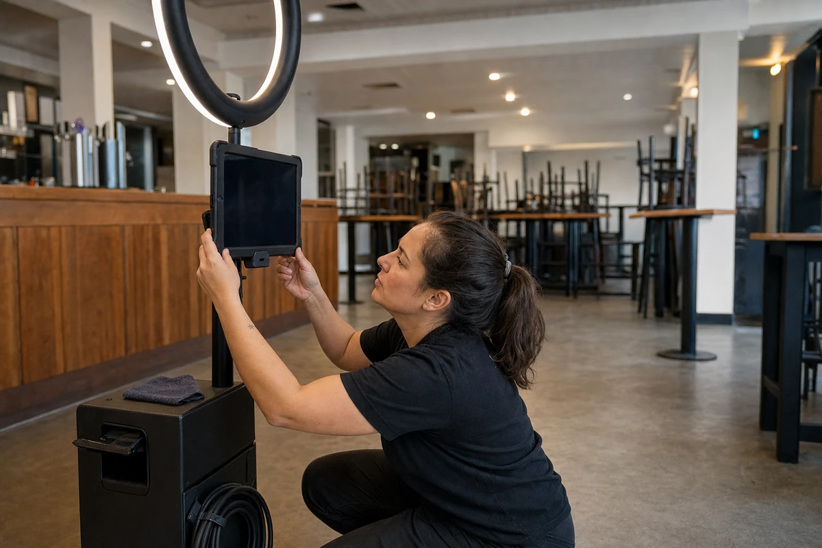 A photo-booth operator checking an iPad locked into the protective mount of an open-air booth in an empty bar before opening.