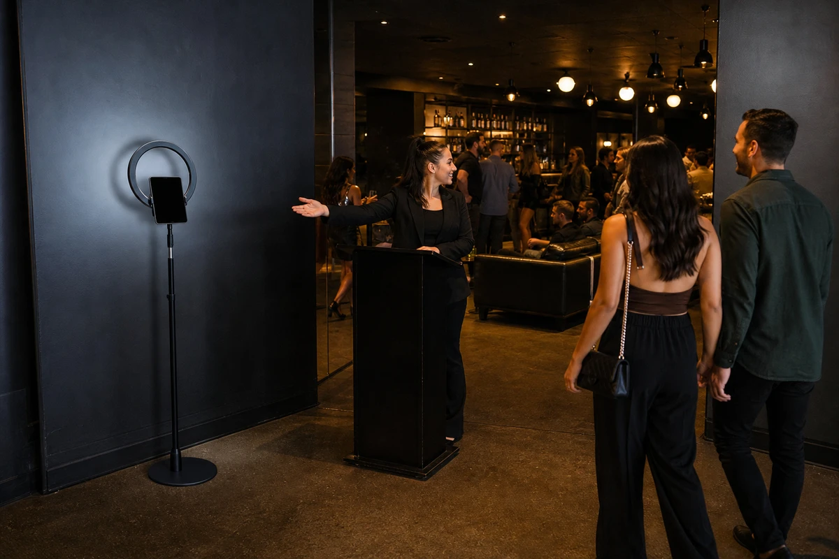 A photo-booth station on a slim ring-light stand placed in a lounge corner of a bar near the host stand, with clear floor space around it as a host gestures an arriving couple toward it.