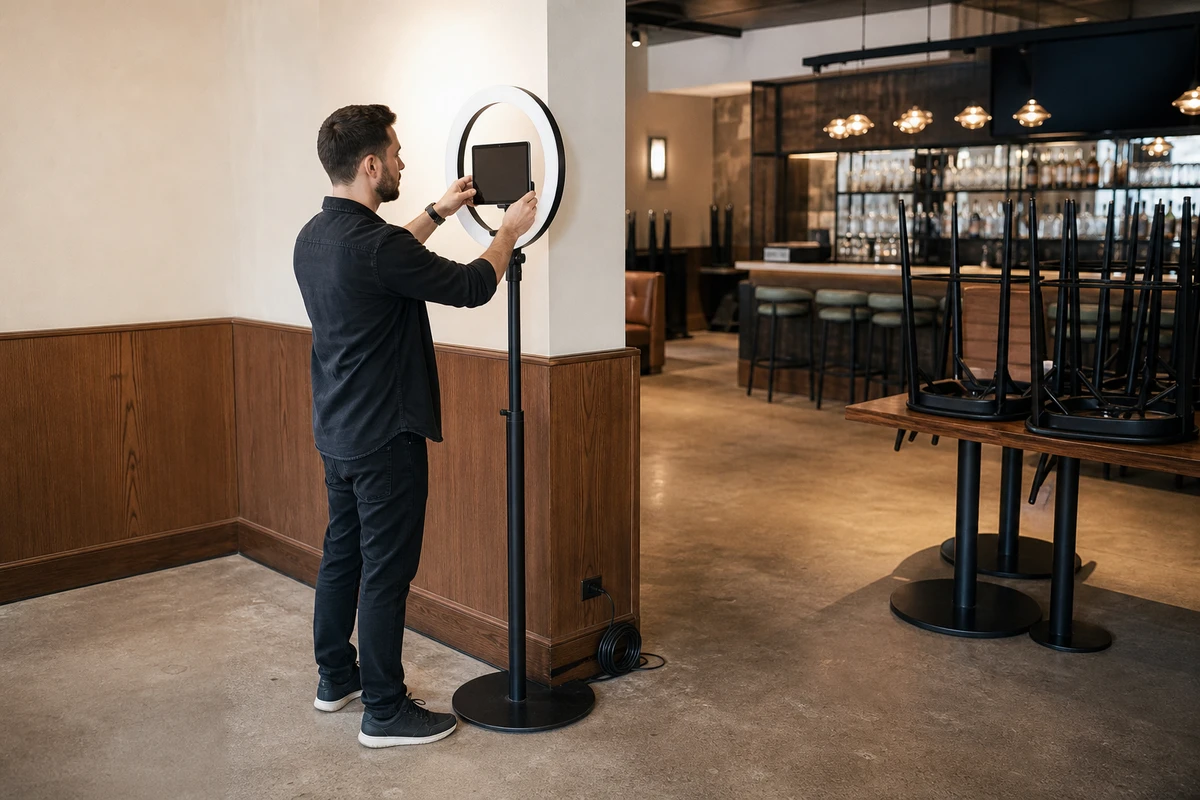 A venue operator adjusting an iPad on a ring-light photo-booth stand in an empty bar before doors, with house lights up and a power cable tidied along the floor.