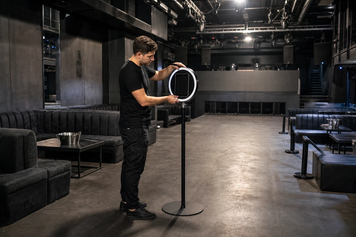 A venue operator sets up an iPad photo-booth station at a nightclub VIP section before doors open, the empty club lit by house work lights.