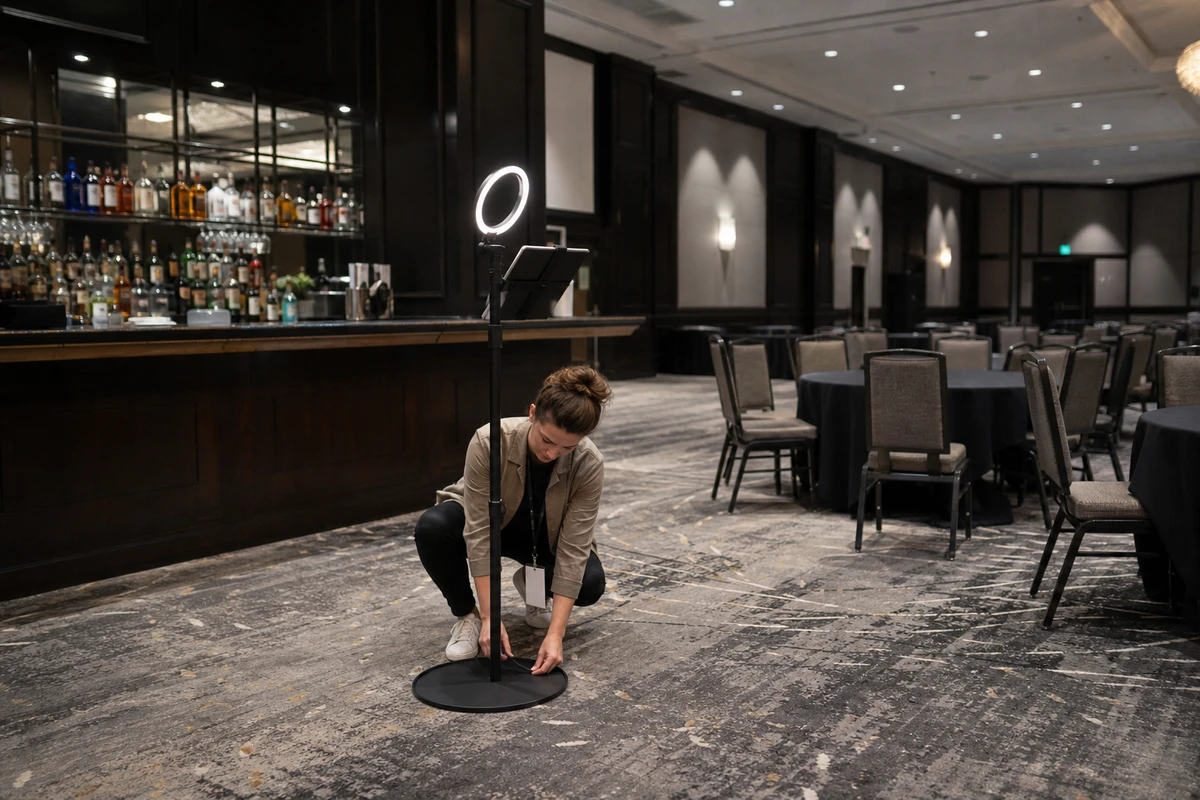 A photo-booth operator adjusts a ring-light stand beside an iPad booth in an empty gala ballroom before doors open.