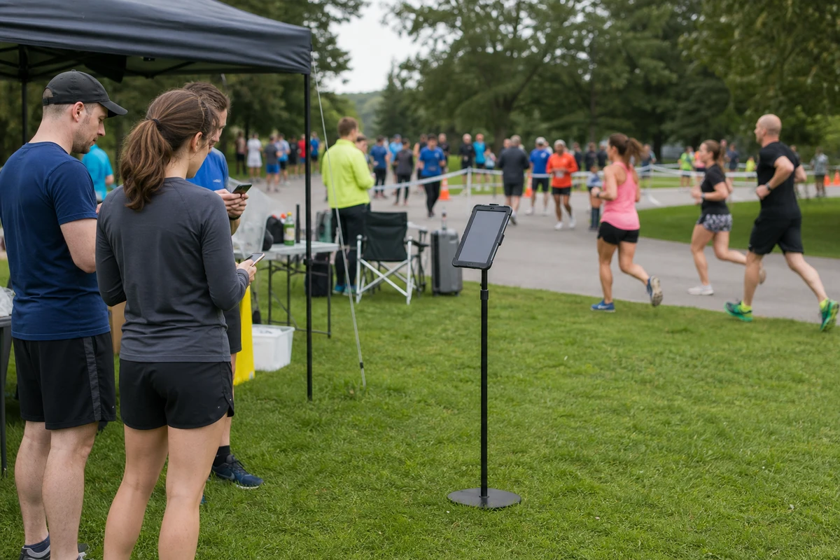 A slim iPad photo capture station set up on the grass at the edge of an outdoor charity 5K registration area.