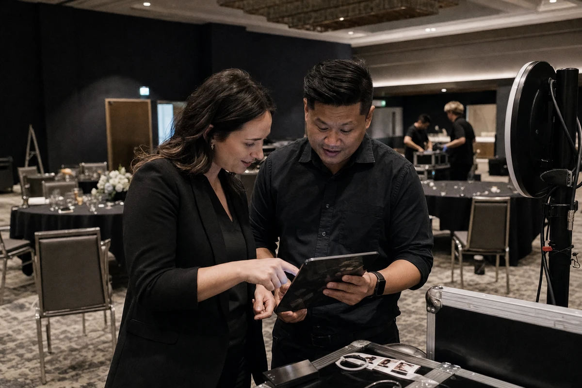 A development staffer and a photo-booth operator review event results on a tablet in the emptying ballroom after a gala.