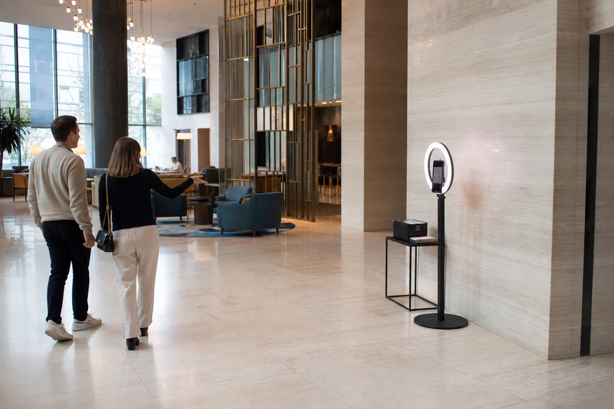 A photo booth set against the wall of a hotel lobby lounge corner with open floor space around it as two guests approach.