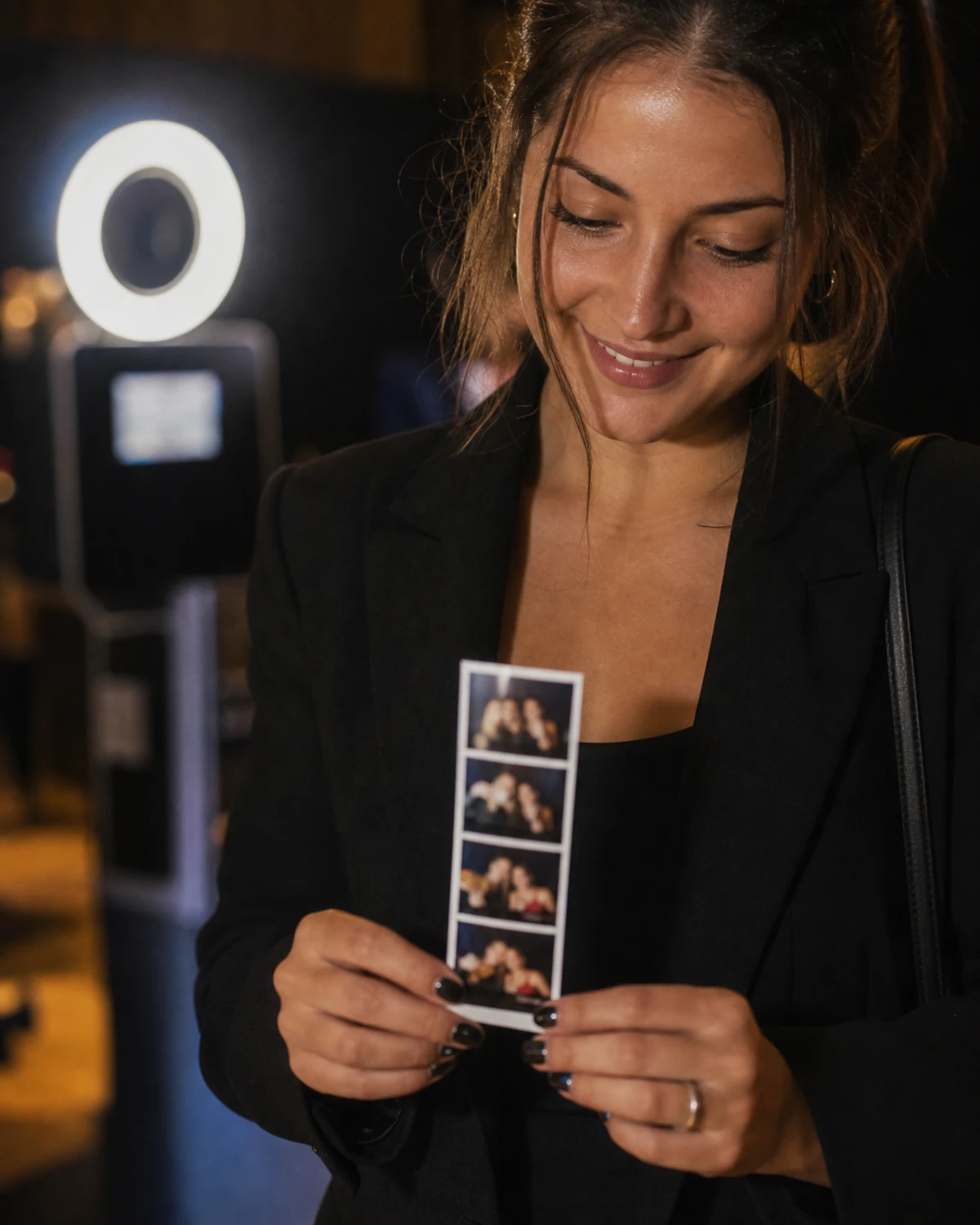 A guest holding a freshly printed vertical photo strip in both hands, looking down at it with the photo booth softly blurred behind.