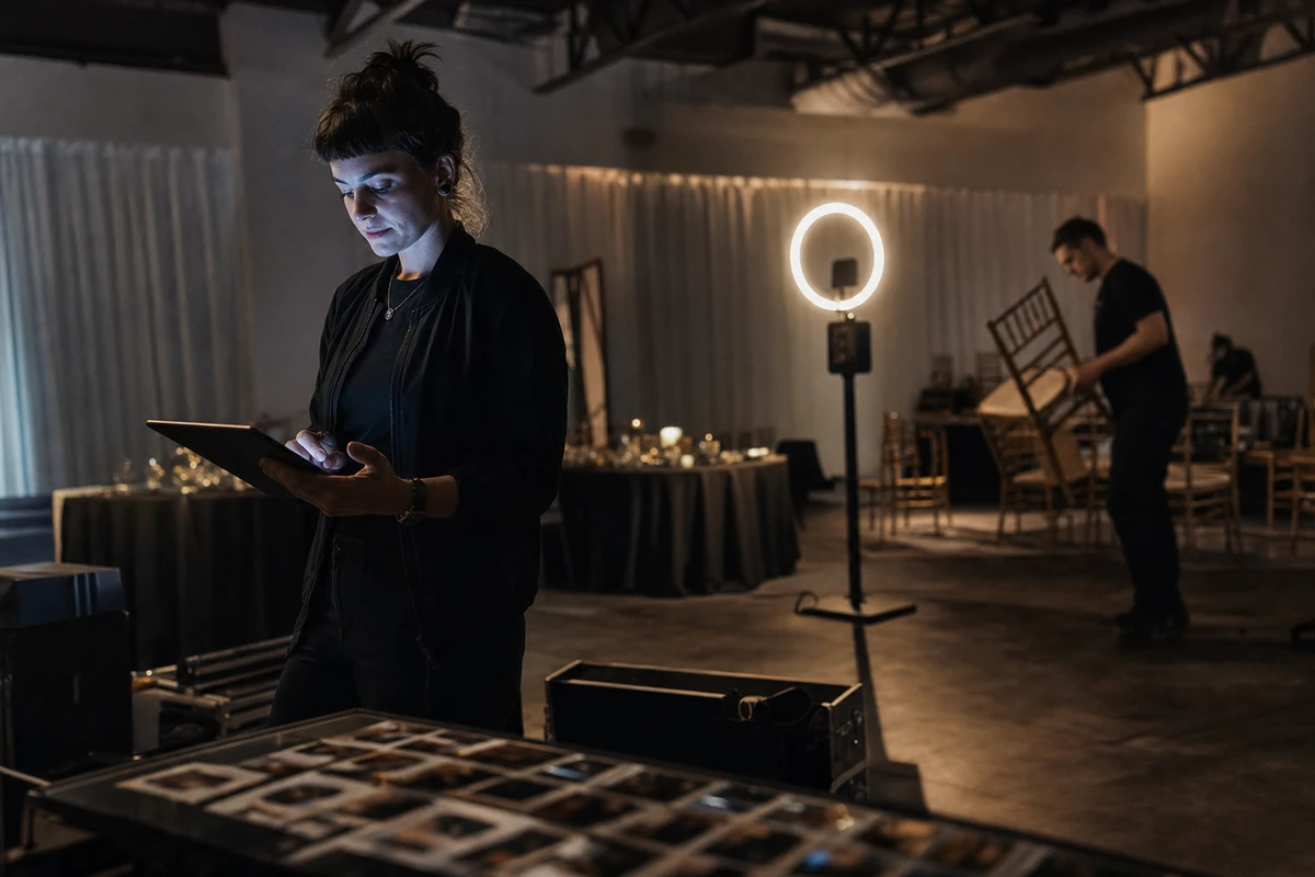 A photo-booth operator checking the booth tablet in a winding-down event room before packing the equipment away.