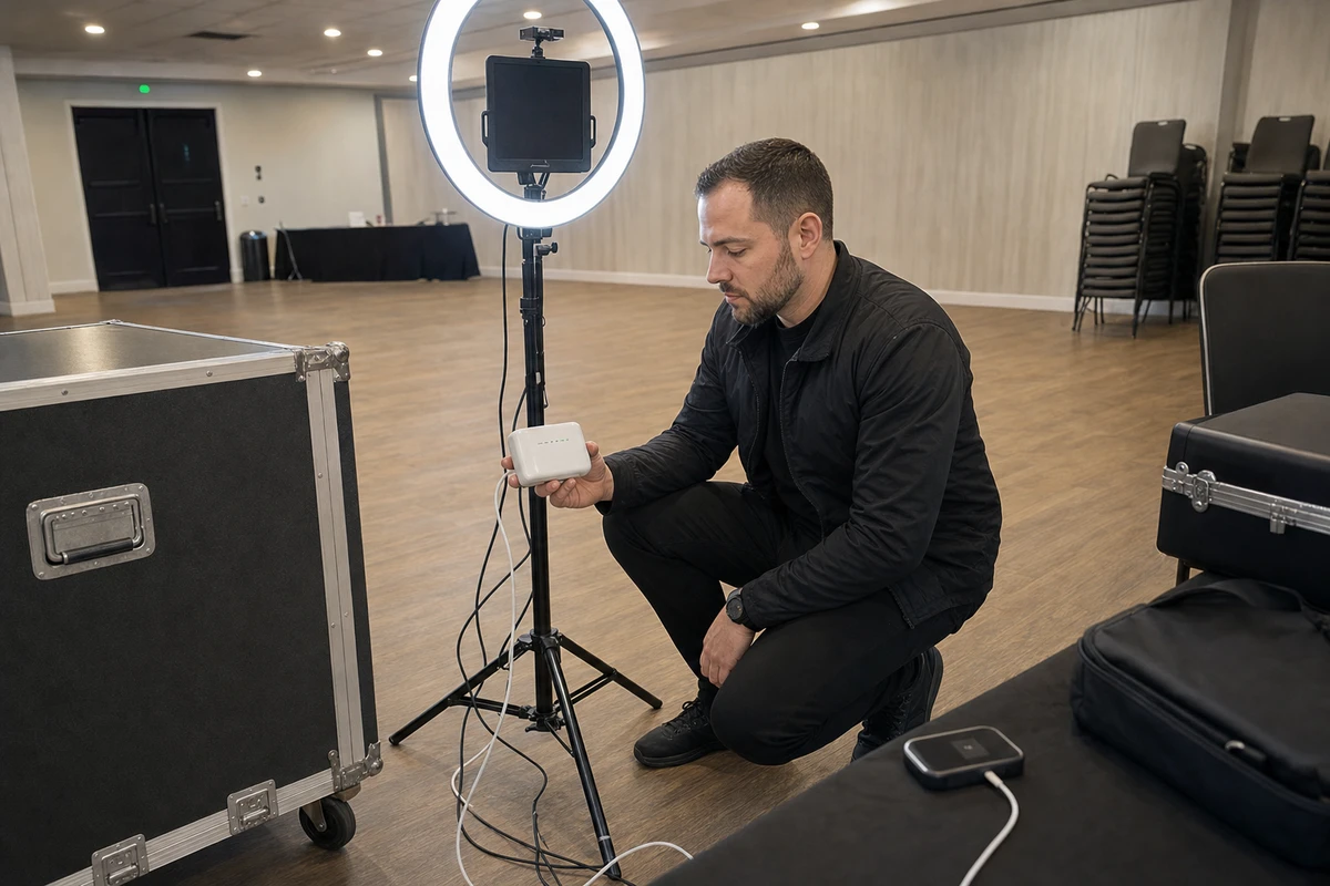 A photo-booth operator kneeling beside the booth in an empty event room, setting up a travel router and cellular hotspot before doors open.
