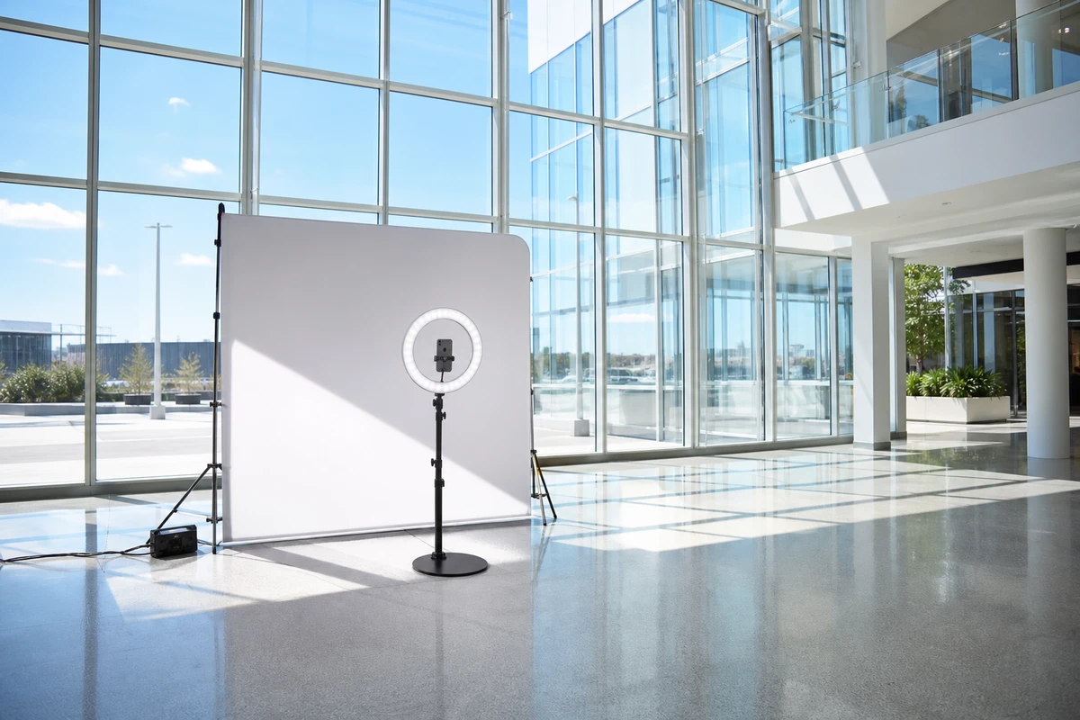 An open-air ring light photo booth stands in a sun-flooded glass-walled mall atrium, its ring light overpowered by flooding daylight.