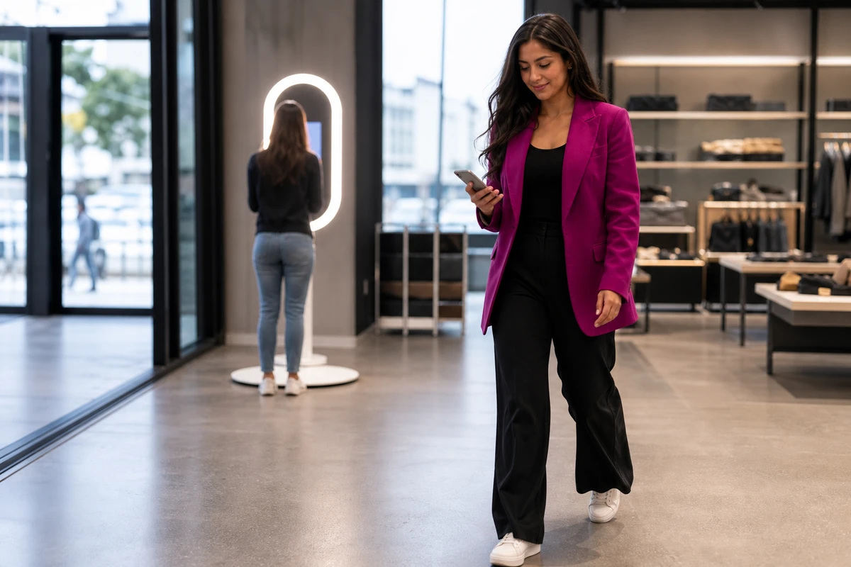 A guest steps away from an open-air ring light photo booth on a retail floor, glancing at the phone where her photo was just delivered.