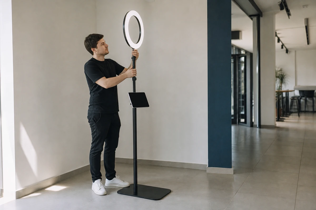 A photo-booth operator adjusts the ring light on an open-air photo booth's slim stand in an empty venue corner, the wall-less rig fully exposed with no curtain or walls.