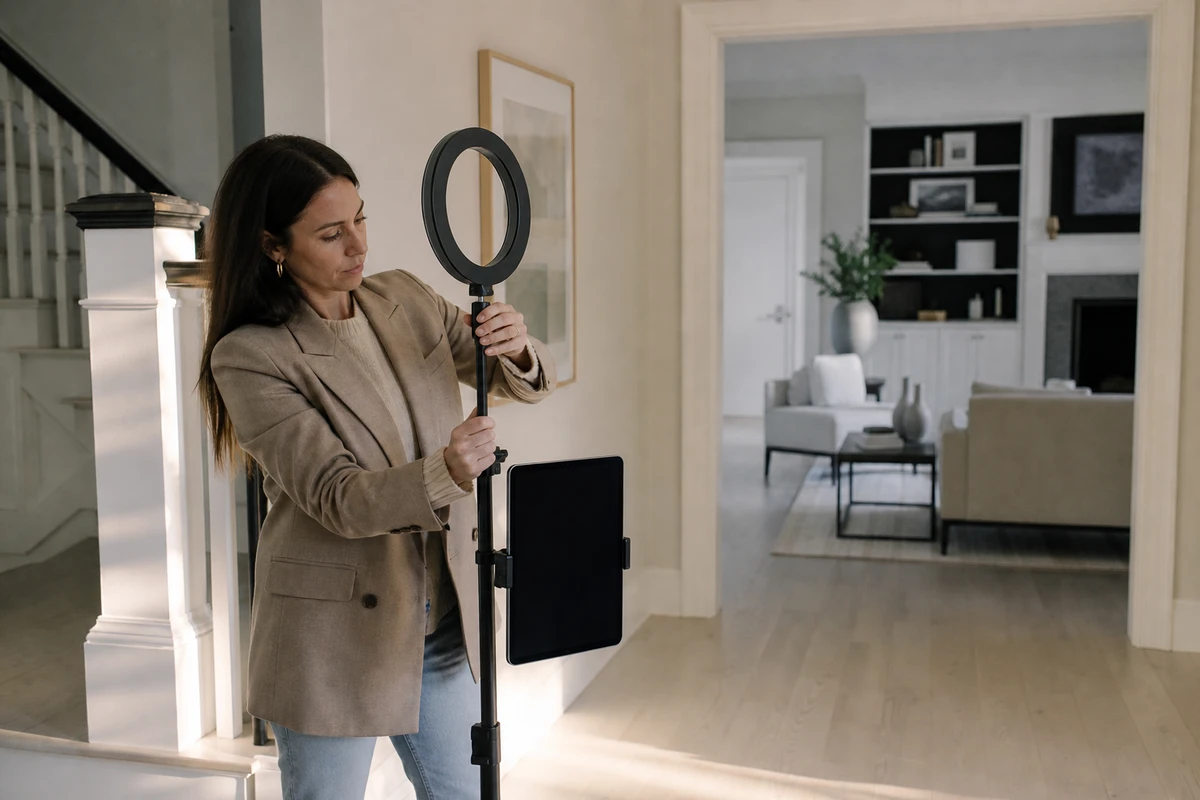 A real estate agent adjusts the ring light of a photo station in the empty foyer of a listed home early on a Saturday morning before the open house.