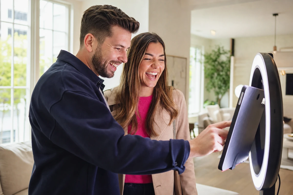 A couple laughs while posing for a branded photo at an iPad photo station during an open house in a sunlit modern home.