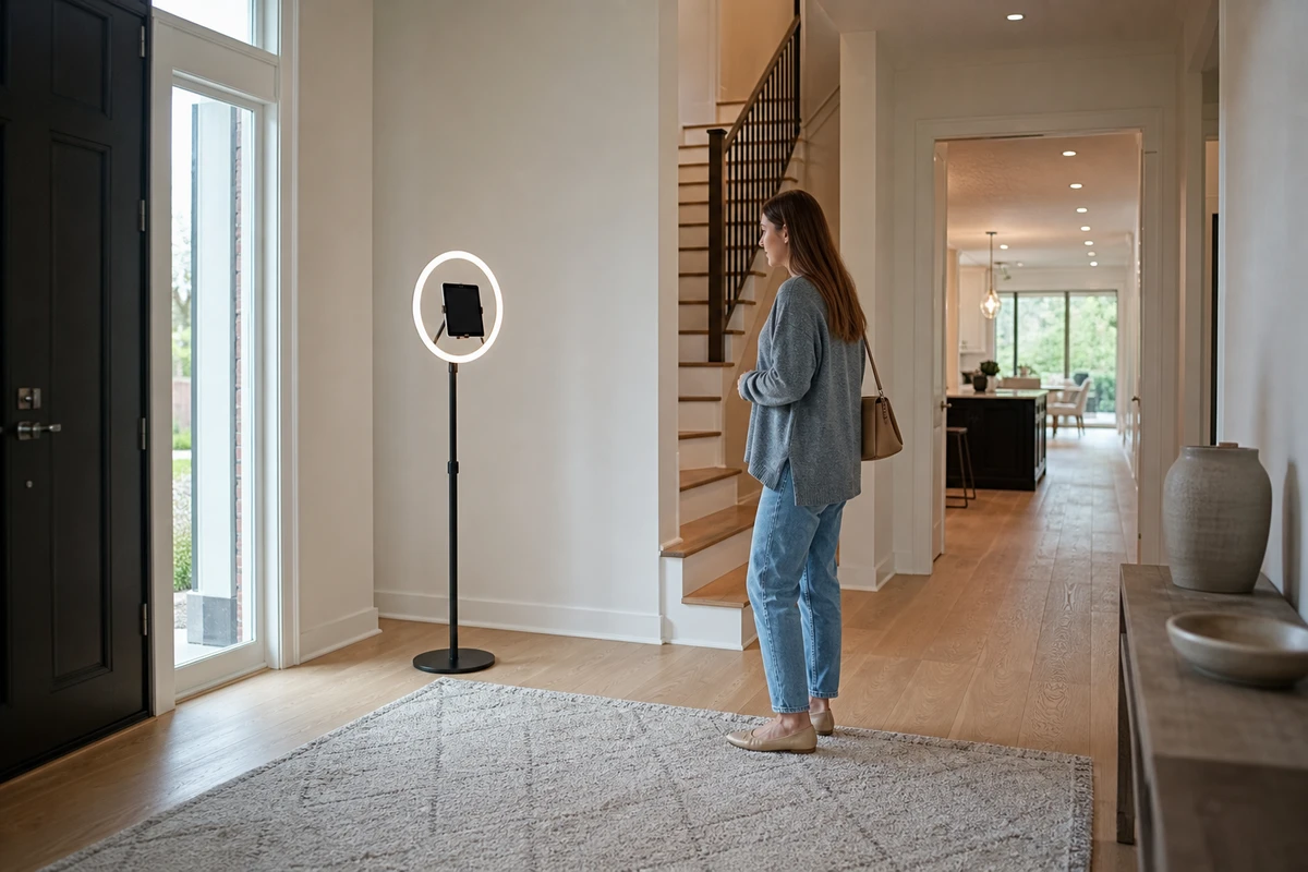 A photo station on a slim ring-light stand placed against a blank wall just inside the front door of a listed home, with open floor space clear of the door, a console table, and the walking path.