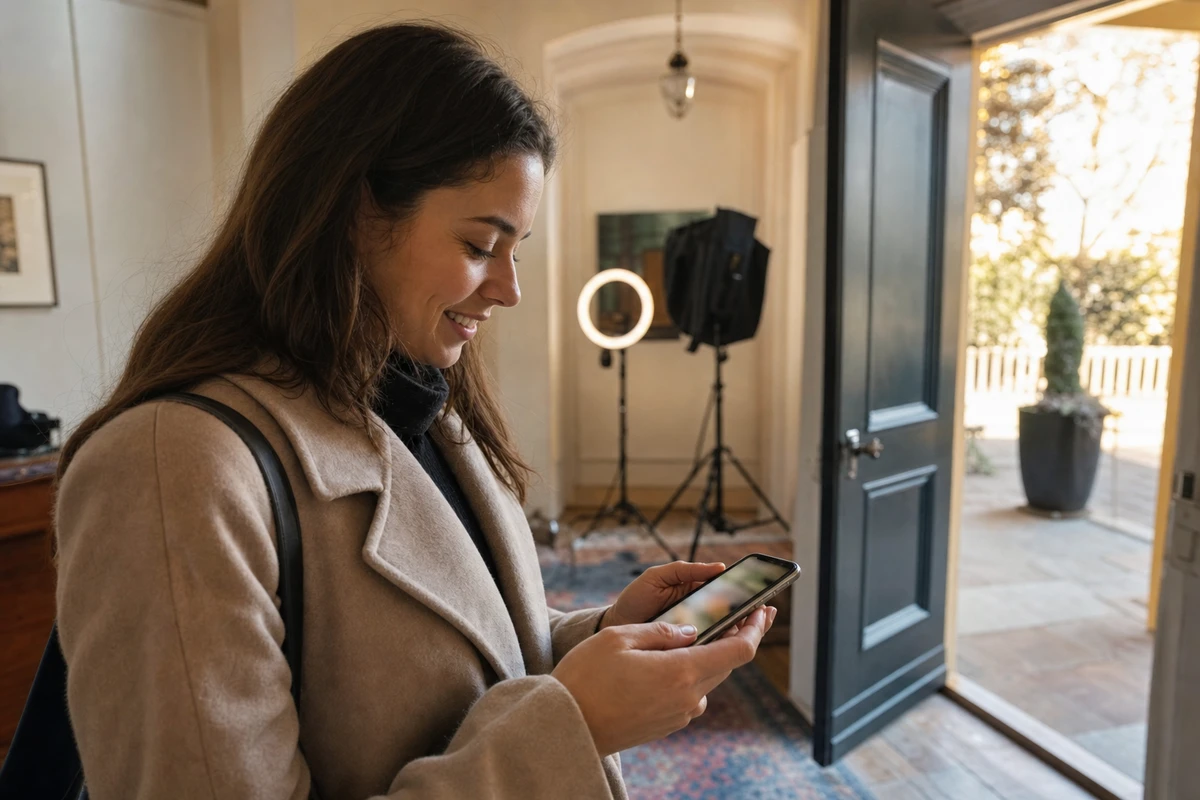 An open-house visitor near the front door smiles at her phone after receiving her photo, with the photo station glowing softly behind her.