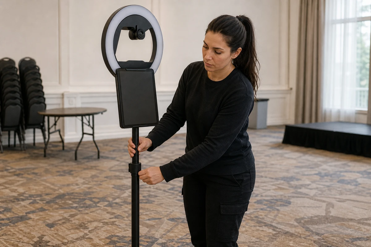 A photo-booth operator lowers the booth's adjustable-height camera and screen mount to a seated-guest position while setting up an empty event room.