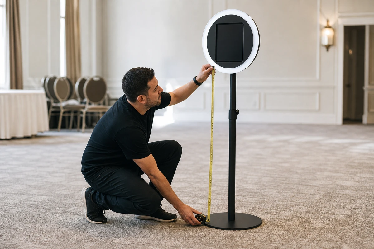 A photo-booth operator uses a tape measure to verify the booth's touchscreen and control height falls within an accessible reach band before an event.
