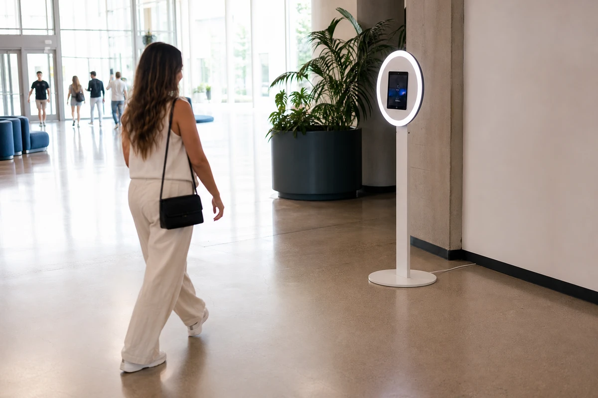 An unattended self-service photo booth in a public concourse with a wide, clear, unobstructed floor space around it and an open approach path.