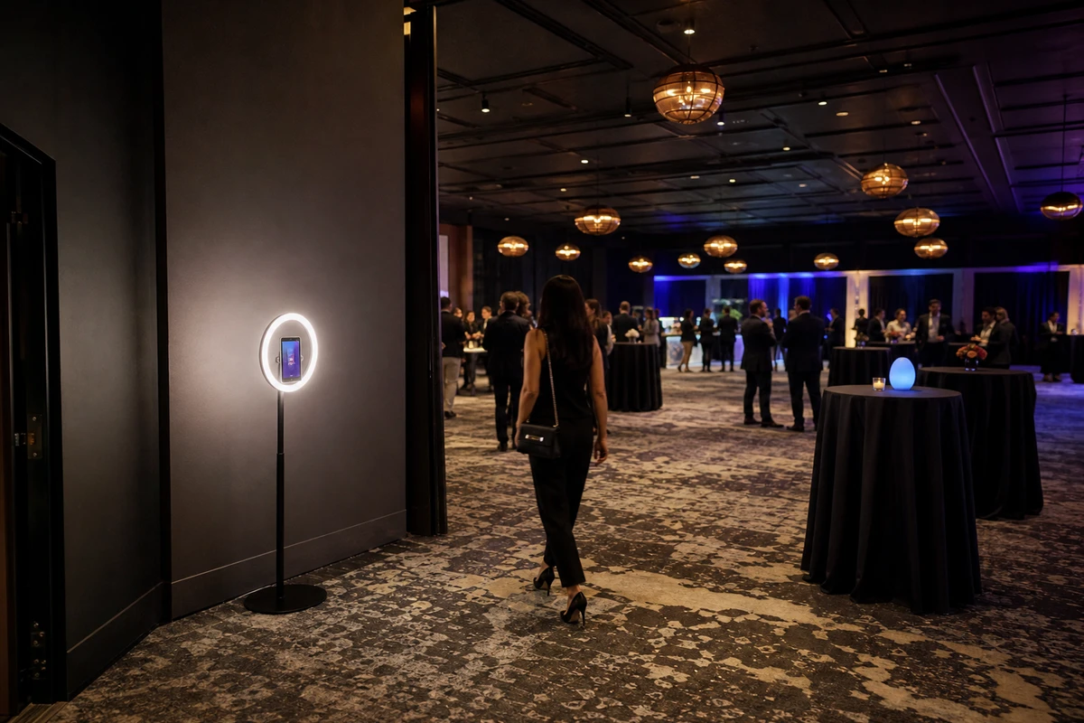 A single iPad photo booth placed against the wall near the entrance of a large hotel ballroom set with cocktail tables for a corporate event.