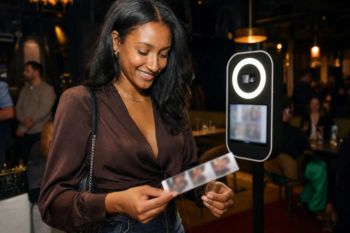A guest at a restaurant brand activation holds a freshly printed photo strip in both hands, smiling down at it.