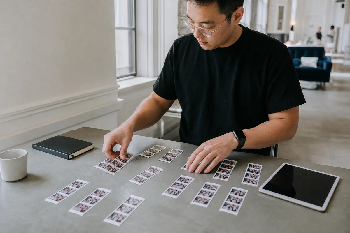 A photo-booth operator sits at a venue table after an event, sorting printed photo strips into groups to build a per-event client report.