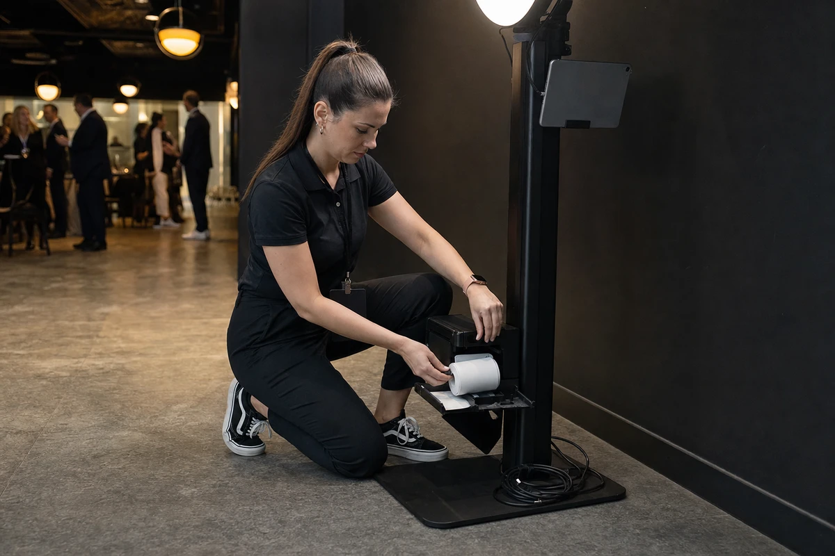A photo-booth operator kneels beside the booth stand during an event lull, loading a fresh paper roll into the photo printer.