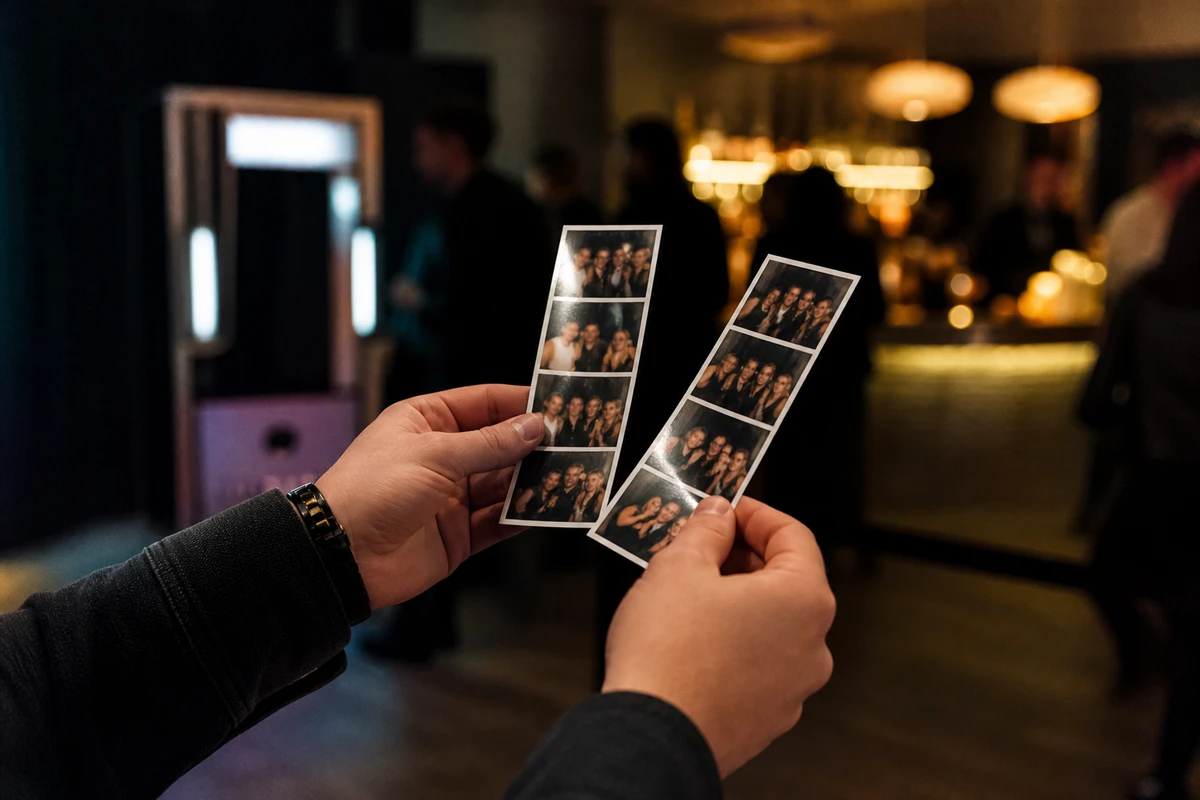 Close-up of a guest's hands holding two freshly printed photo strips in the warm light of a venue lounge, the photo booth blurred behind.