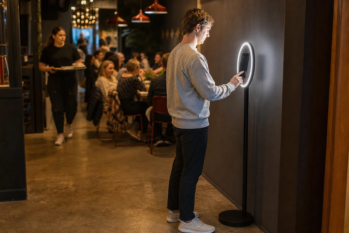 A single guest reaches to tap the screen of a self-service tablet photo booth against a quiet wall during normal restaurant dinner service.