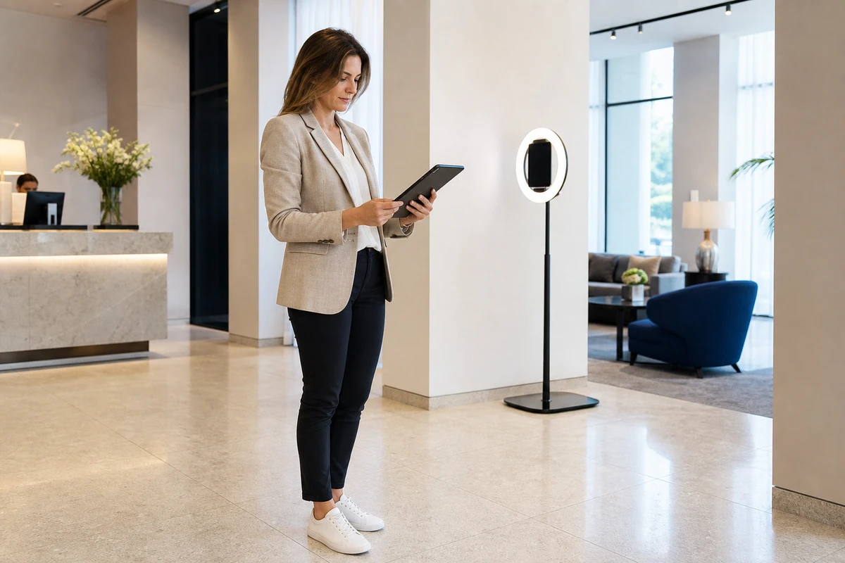 A venue marketing manager stands near an installed hotel-lobby photo booth, reviewing the program on a tablet held at an angle.