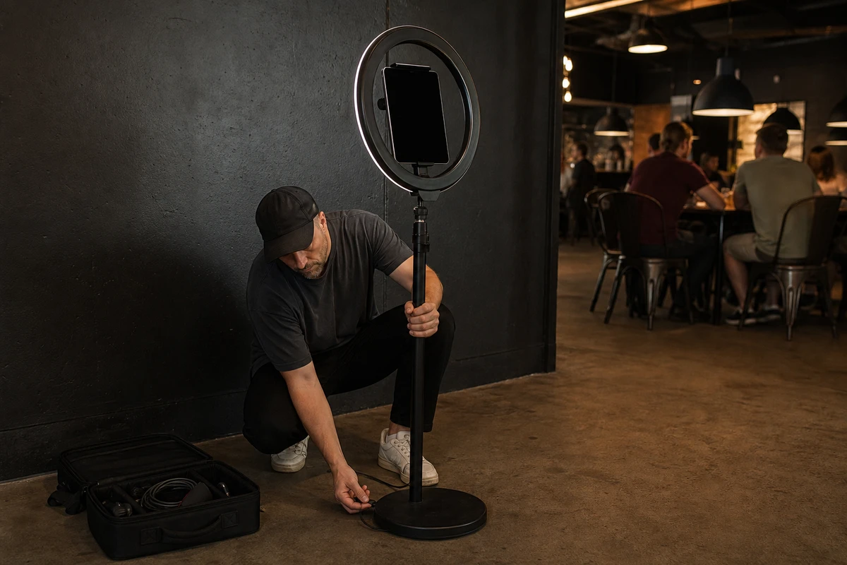 An outside photo-booth operator crouches beside a tablet booth along a brewpub wall, adjusting the ring-light stand and checking a cable.