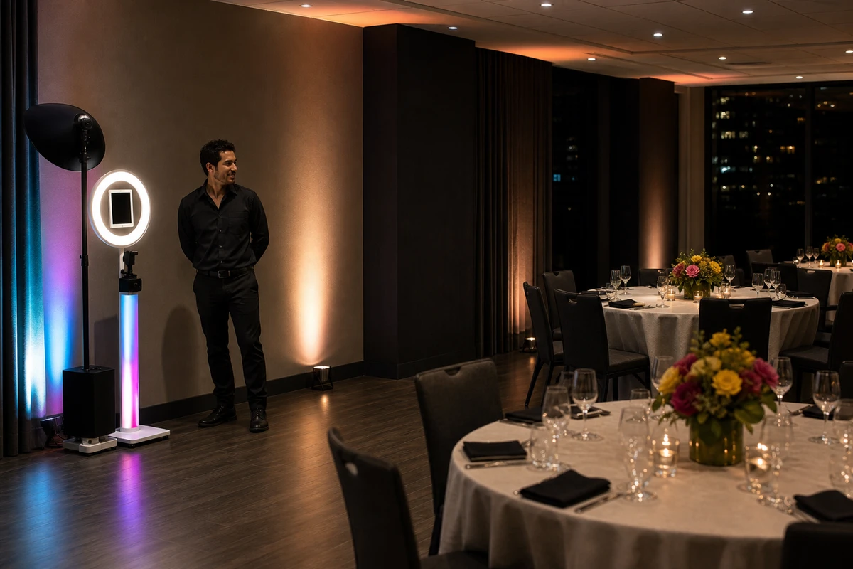 A tablet photo booth on a ring-light stand positioned in the corner of a hotel private-event room set with round banquet tables, an event staffer beside it.
