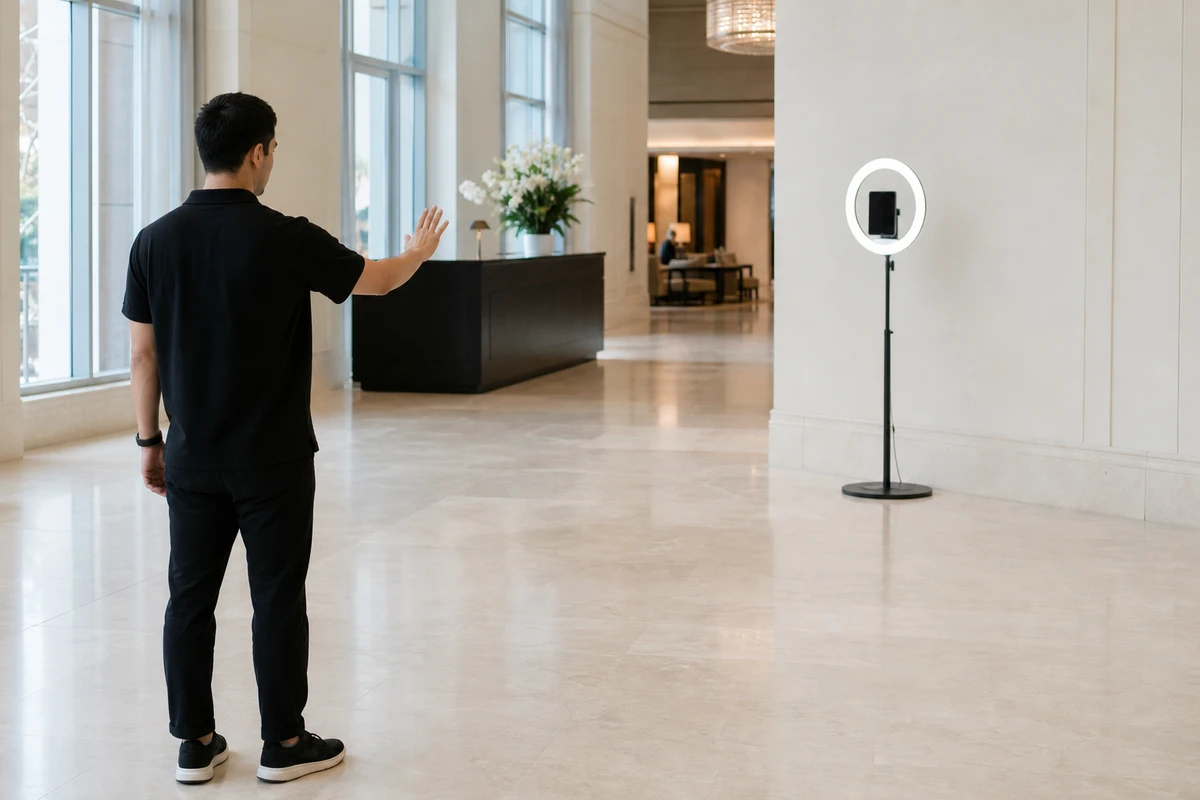 A photo-booth operator stepping back across an open hotel-lobby floor to gauge the clear footprint a ring-light booth setup needs.