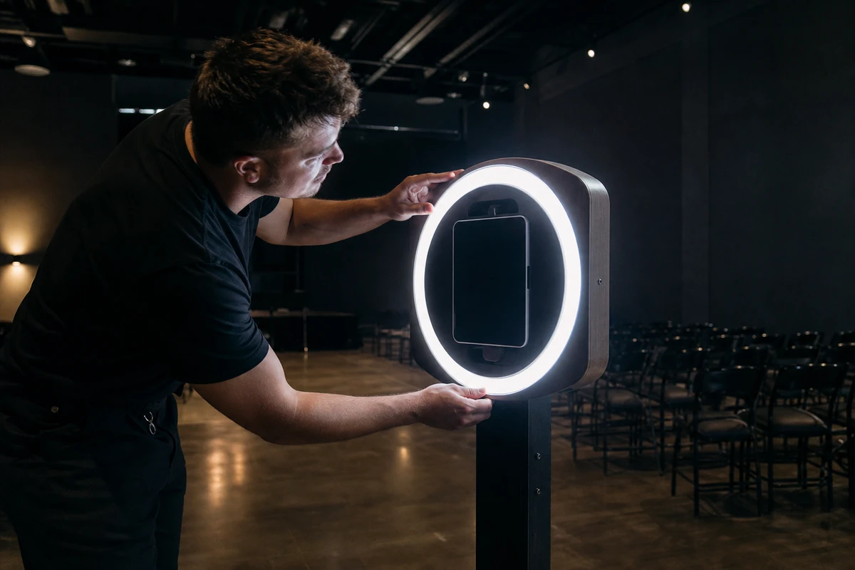 A photo-booth operator adjusting the glowing LED ring light on a booth in an empty event room before guests arrive.